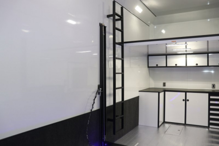 New In-Tech Lite 8.5x32 Stacker Race Trailer-21K - White W/ L Base Cabinet, Winch & WW Cabinet