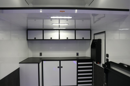 New In-Tech Lite 8.5x32 Stacker Race Trailer-21K - White W/ L Base Cabinet, Winch & WW Cabinet