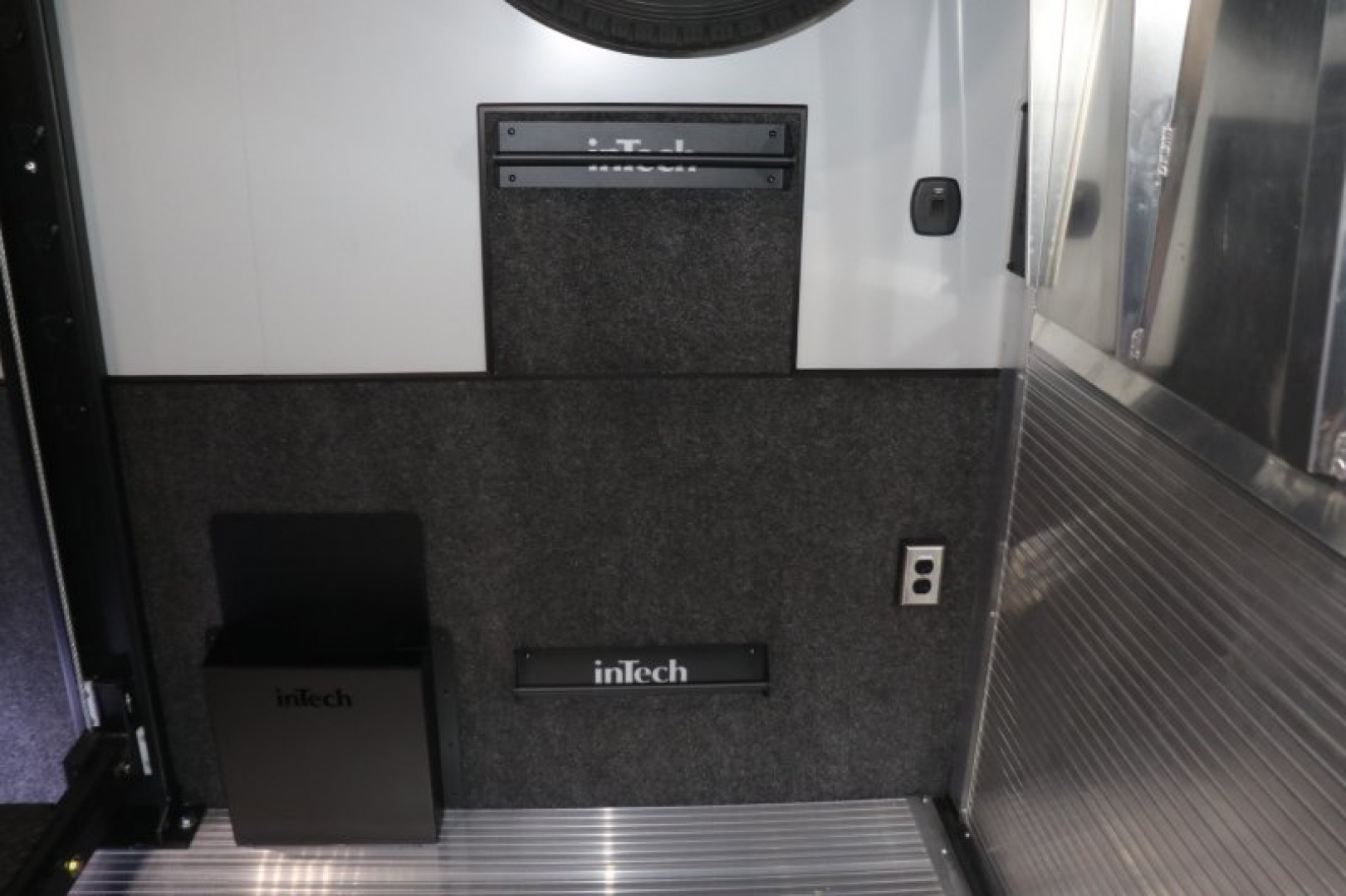 New In-Tech Lite 8.5x32 Stacker Race Trailer-21K- White W/ Black Trim, Escape Door, WW Cabinet, RS Cabinet, & Winch
