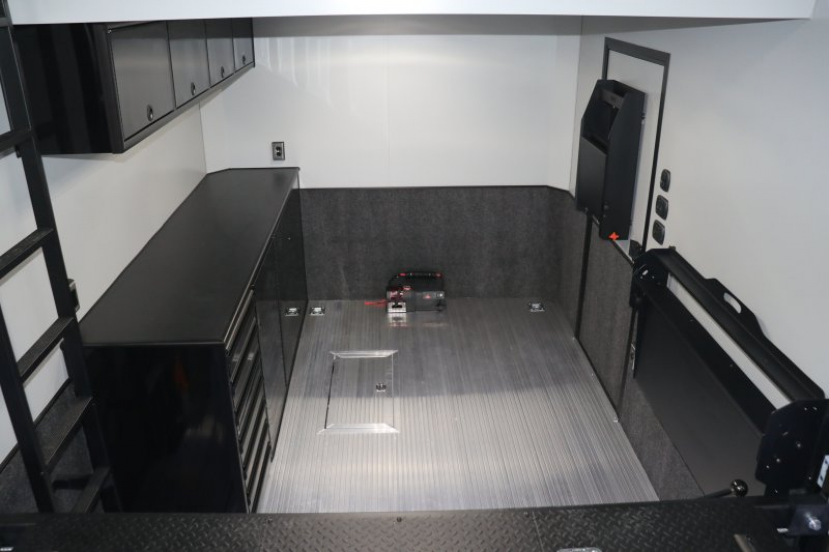 New In-Tech Lite 8.5x32 Stacker Race Trailer-21K- White W/ Black Trim, Escape Door, WW Cabinet, RS Cabinet, & Winch