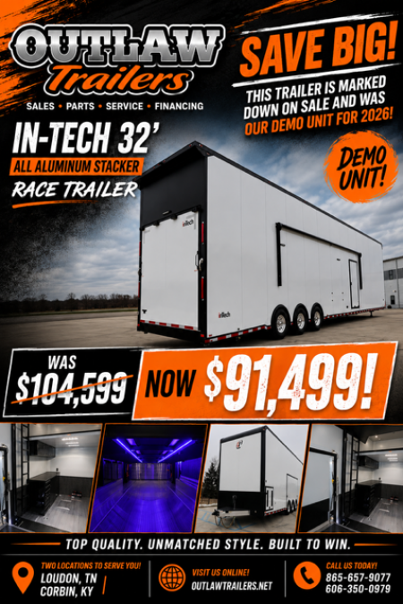 New In-Tech Lite 8.5x32 Stacker Race Trailer-21K- White W/ Black Trim, Escape Door, WW Cabinet, RS Cabinet, & Winch