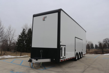 New In-Tech Lite 8.5x32 Stacker Race Trailer-21K- White W/ Black Trim, Escape Door, WW Cabinet, RS Cabinet, & Winch