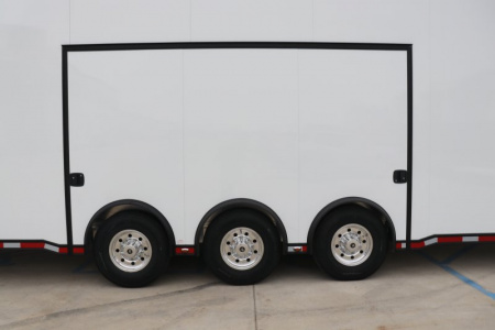 New In-Tech Lite 8.5x32 Stacker Race Trailer-21K- White W/ Black Trim, Escape Door, WW Cabinet, RS Cabinet, & Winch