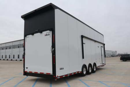 New In-Tech Lite 8.5x32 Stacker Race Trailer-21K- White W/ Black Trim, Escape Door, WW Cabinet, RS Cabinet, & Winch