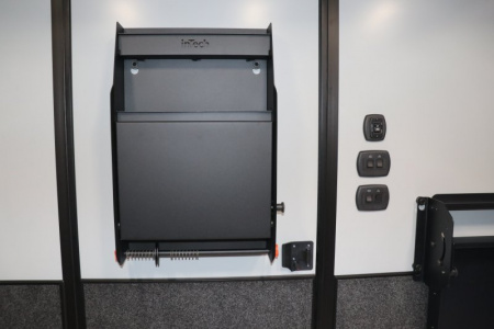 New In-Tech Lite 8.5x32 Stacker Race Trailer-21K- White W/ Black Trim, Escape Door, WW Cabinet, RS Cabinet, & Winch
