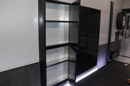 New In-Tech Lite 8.5x32 Stacker Race Trailer-21K- White W/ Black Trim, Escape Door, WW Cabinet, RS Cabinet, & Winch