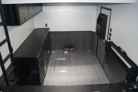 New In-Tech Lite 8.5x32 Stacker Race Trailer-21K- White W/ Black Trim, Escape Door, WW Cabinet, RS Cabinet, & Winch