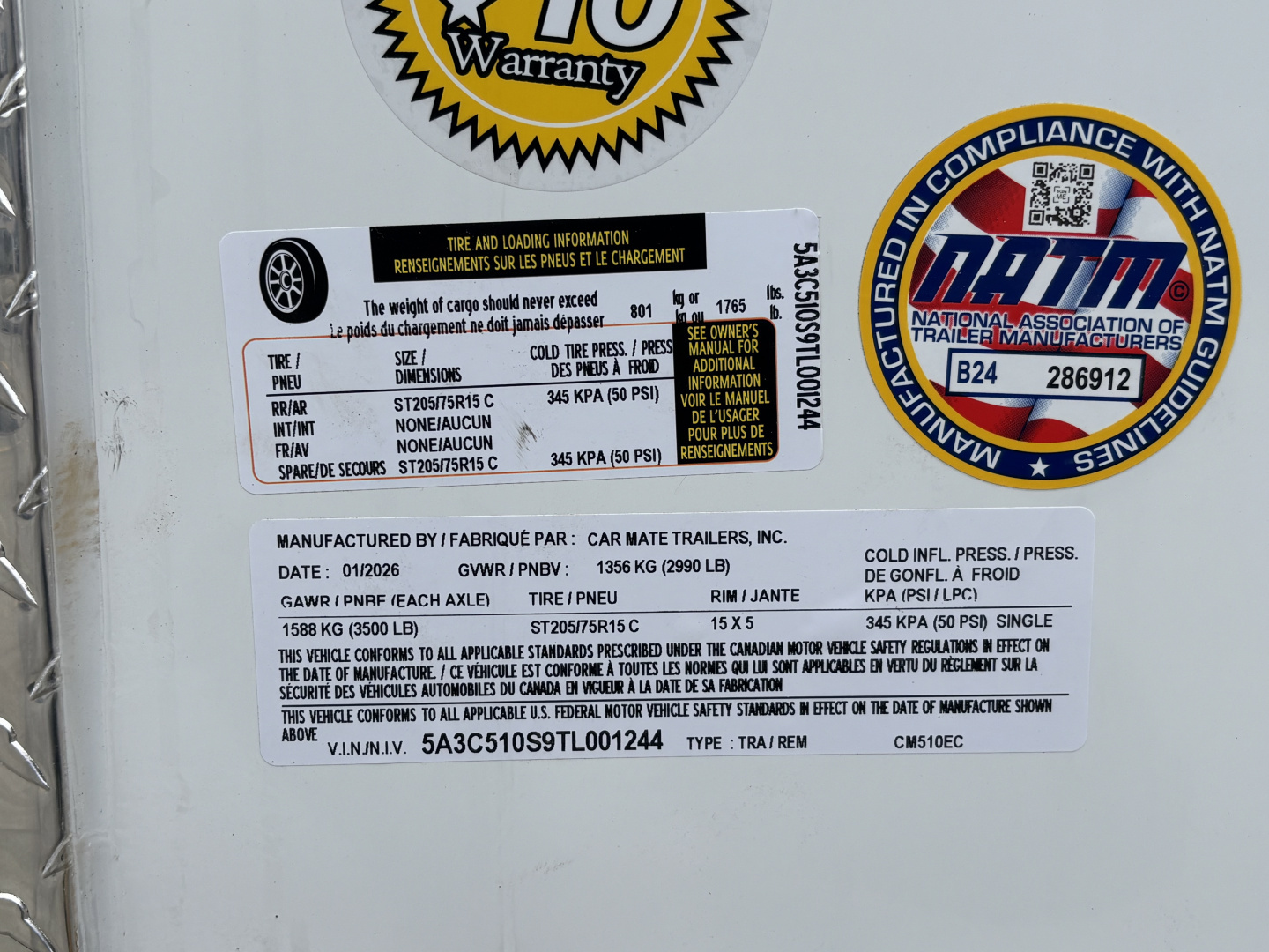 New 2026 Car Mate Trailers 5X10 Sportster Enclosed Trailer - Crystal White - 6" extra height - W/ Ramp Door - 2990# GVWR