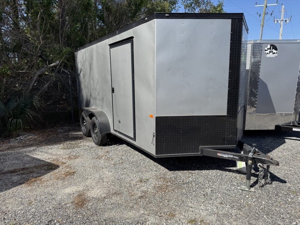 Used 2022 Rock Solid Cargo 7 x 14 Tandem Axle Enclosed Trailer Charcoal with Black Out Package