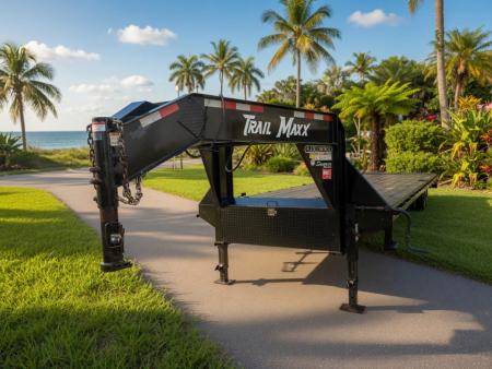Used 2023 Trail Maxx 40 Ft Gooseneck Trailer – Mega Ramps & 12K GVWR Heavy-Duty Equipment Hauler Equipment Trailer