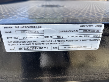 New #261715 2026 TOP HAT RS07 20 X 83 TANDEM AXLE 7K STEEL FLOOR CAR HAULER
