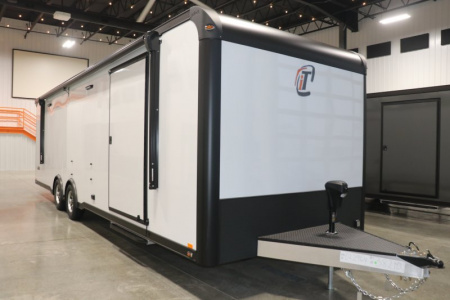 New In-Tech Lite 8.5x28 Race Trailer-10K White W/ Black Trim- L Base Cabinet, Generator Door, Tool Drawers, Winch, WW Cabinet, & A/C