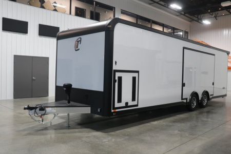 New In-Tech Lite 8.5x28 Race Trailer-10K White W/ Black Trim- L Base Cabinet, Generator Door, Tool Drawers, Winch, WW Cabinet, & A/C