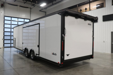 New In-Tech Lite 8.5x28 Race Trailer-10K White W/ Black Trim- L Base Cabinet, Generator Door, Tool Drawers, Winch, WW Cabinet, & A/C