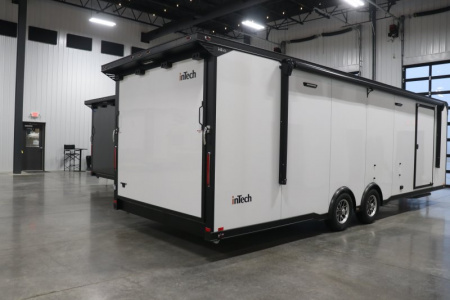 New In-Tech Lite 8.5x28 Race Trailer-10K White W/ Black Trim- L Base Cabinet, Generator Door, Tool Drawers, Winch, WW Cabinet, & A/C