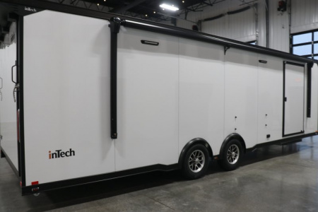 New In-Tech Lite 8.5x28 Race Trailer-10K White W/ Black Trim- L Base Cabinet, Generator Door, Tool Drawers, Winch, WW Cabinet, & A/C