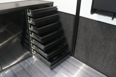 New In-Tech Lite 8.5x28 Race Trailer-10K White W/ Black Trim- L Base Cabinet, Generator Door, Tool Drawers, Winch, WW Cabinet, & A/C