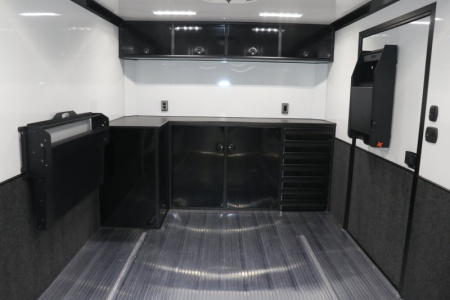 New In-Tech Lite 8.5x28 Race Trailer-10K White W/ Black Trim- L Base Cabinet, Generator Door, Tool Drawers, Winch, WW Cabinet, & A/C