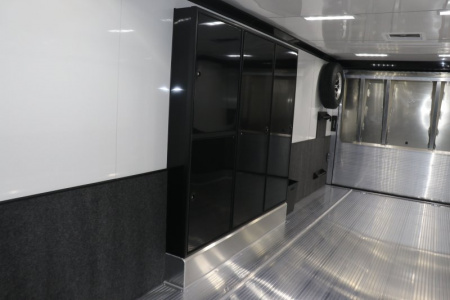 New In-Tech Lite 8.5x28 Race Trailer-10K White W/ Black Trim- L Base Cabinet, Generator Door, Tool Drawers, Winch, WW Cabinet, & A/C