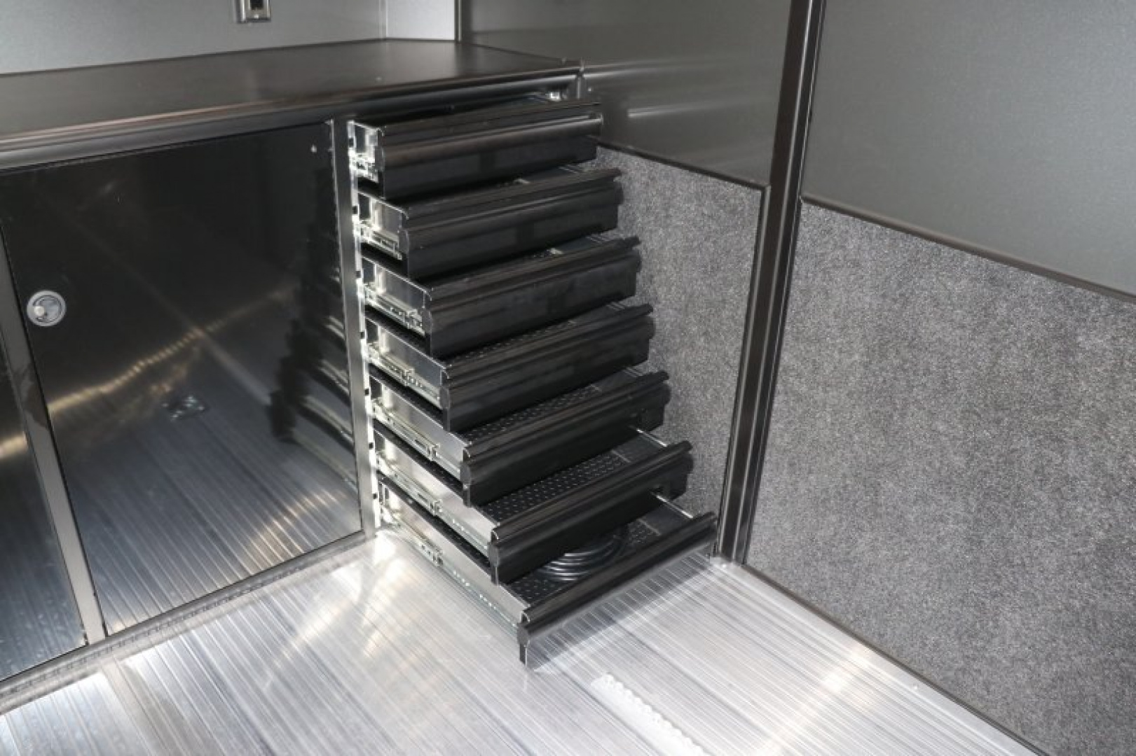 New In-Tech Lite 8.5x24 Race Trailer-10K Charcoal W/ Black Trim- L Base Cabinet, Generator Door, Tool Drawers, & WW Cabinet