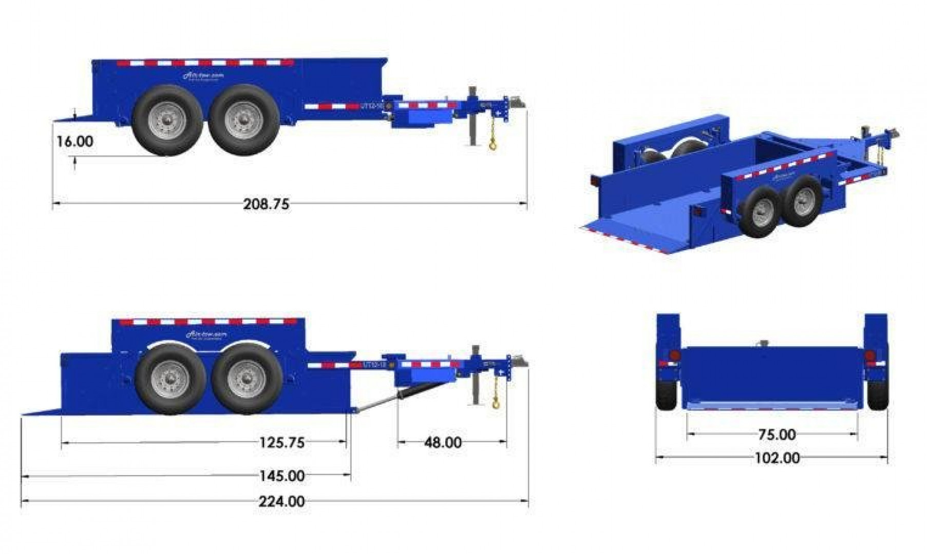 New 6'3" x 12' Air-Tow UT12-10 Drop Deck Utility Flatbed Equipment Trailer 13.5k GVWR ***BLACK OUT w/ Spare Mount & 110v Batt Charger