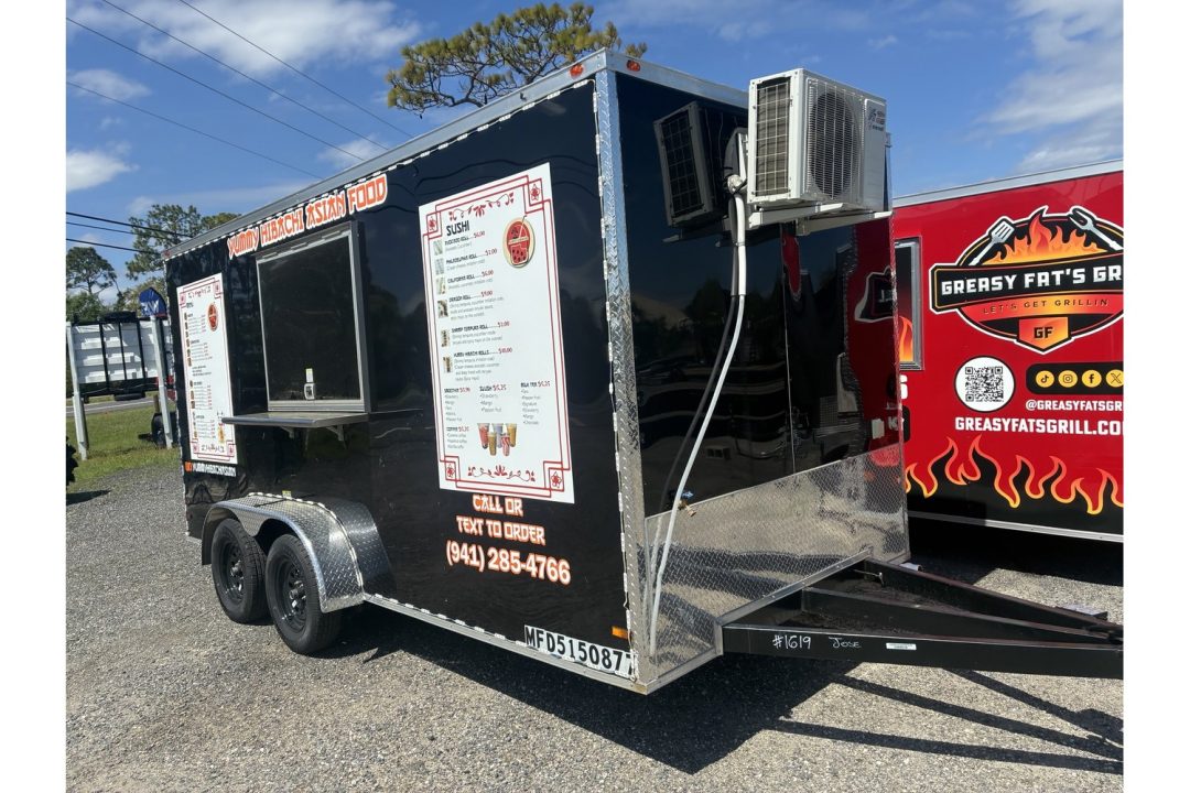 Used 2025 All World Trailers 7 X 16 Black Food Truck Tandem Axle with AC and Stocked Kitchen