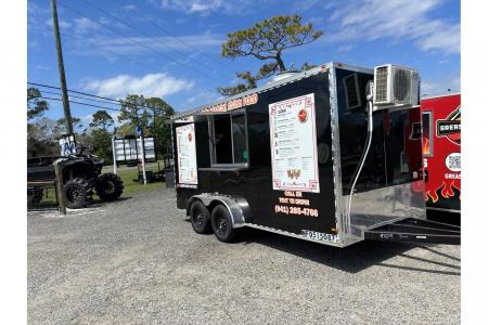 Used 2025 All World Trailers 7 X 16 Black Food Truck Tandem Axle with AC and Stocked Kitchen