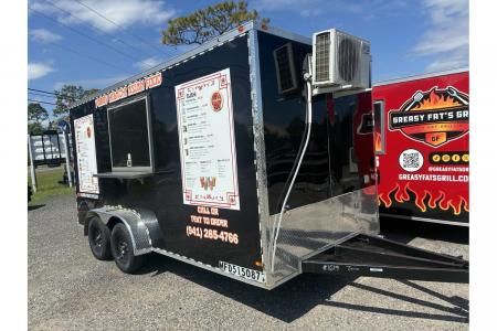 Used 2025 All World Trailers 7 X 16 Black Food Truck Tandem Axle with AC and Stocked Kitchen