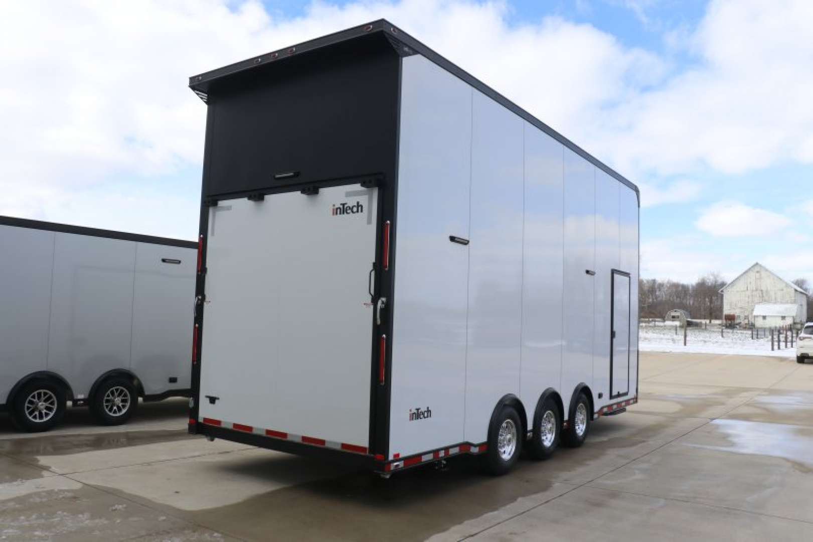 New In-Tech Lite 8.5x24 Stacker Race Trailer-18K - White W/ Black Trim, Tool Drawers, Winch, Airline Track, Full Escape Door, .050 Upgrade & WW Cabinet
