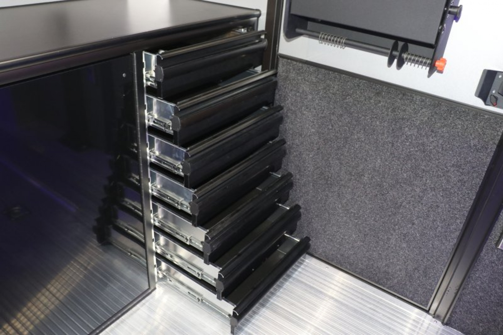 New In-Tech Lite 8.5x24 Stacker Race Trailer-18K - White W/ Black Trim, Tool Drawers, Winch, Airline Track, Full Escape Door, .050 Upgrade & WW Cabinet
