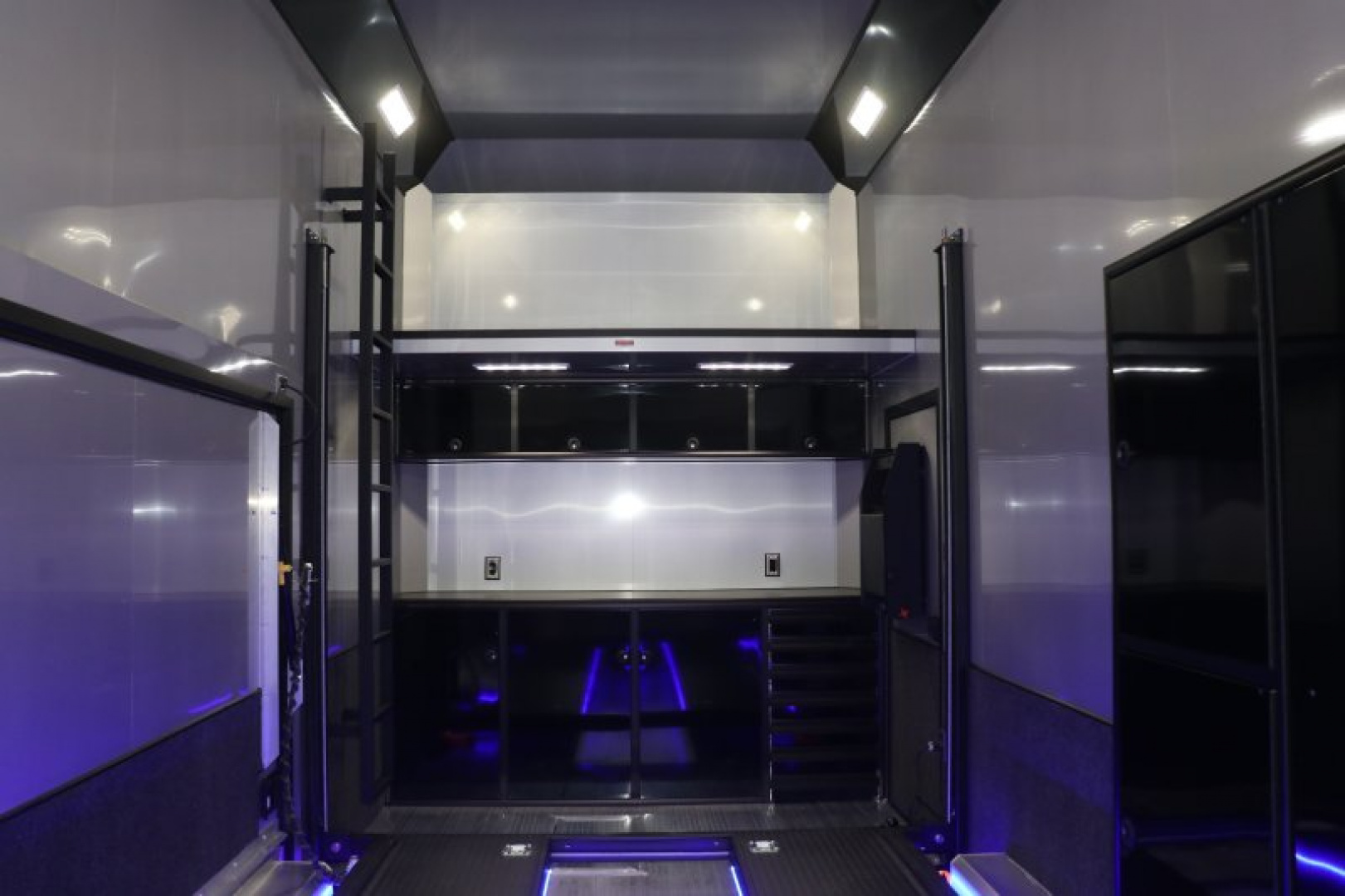 New In-Tech Lite 8.5x24 Stacker Race Trailer-18K - White W/ Black Trim, Tool Drawers, Winch, Airline Track, Full Escape Door, .050 Upgrade & WW Cabinet