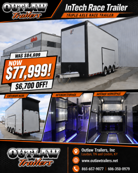 New In-Tech Lite 8.5x24 Stacker Race Trailer-18K - White W/ Black Trim, Tool Drawers, Winch, Airline Track, Full Escape Door, .050 Upgrade & WW Cabinet