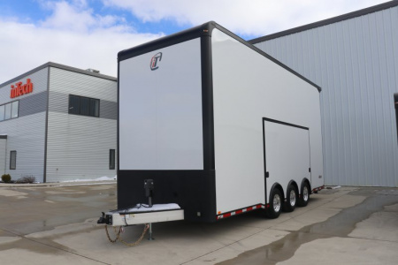 New In-Tech Lite 8.5x24 Stacker Race Trailer-18K - White W/ Black Trim, Tool Drawers, Winch, Airline Track, Full Escape Door, .050 Upgrade & WW Cabinet