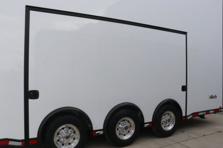 New In-Tech Lite 8.5x24 Stacker Race Trailer-18K - White W/ Black Trim, Tool Drawers, Winch, Airline Track, Full Escape Door, .050 Upgrade & WW Cabinet