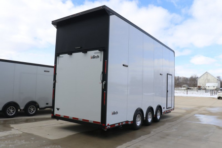 New In-Tech Lite 8.5x24 Stacker Race Trailer-18K - White W/ Black Trim, Tool Drawers, Winch, Airline Track, Full Escape Door, .050 Upgrade & WW Cabinet