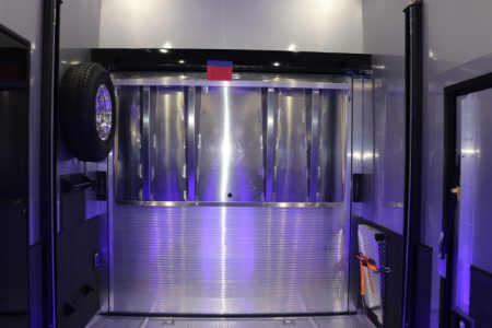 New In-Tech Lite 8.5x24 Stacker Race Trailer-18K - White W/ Black Trim, Tool Drawers, Winch, Airline Track, Full Escape Door, .050 Upgrade & WW Cabinet