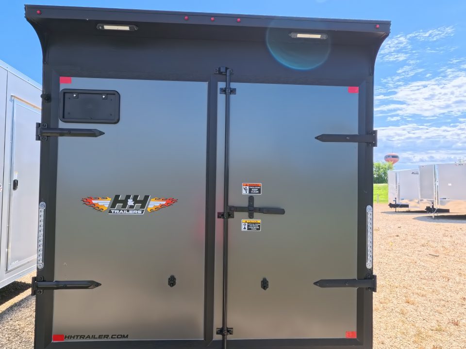 New 2026 H&H Trailers 7x14 Flat Top V-Nose Enclosed, 6'6" Tall, Aluminum Rims, Barn Doors, Charcoal Composite with Black out Trim, Rear Spoiler with 2 Lights