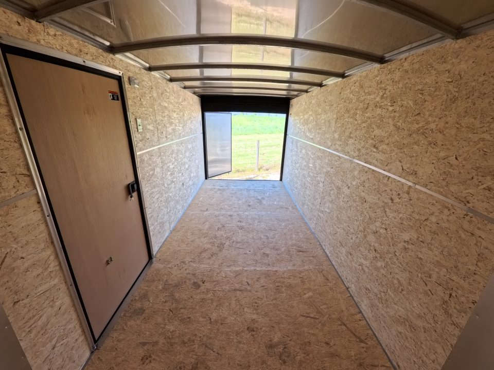 New 2026 H&H Trailers 7x14 Flat Top V-Nose Enclosed, 6'6" Tall, Aluminum Rims, Barn Doors, Charcoal Composite with Black out Trim, Rear Spoiler with 2 Lights