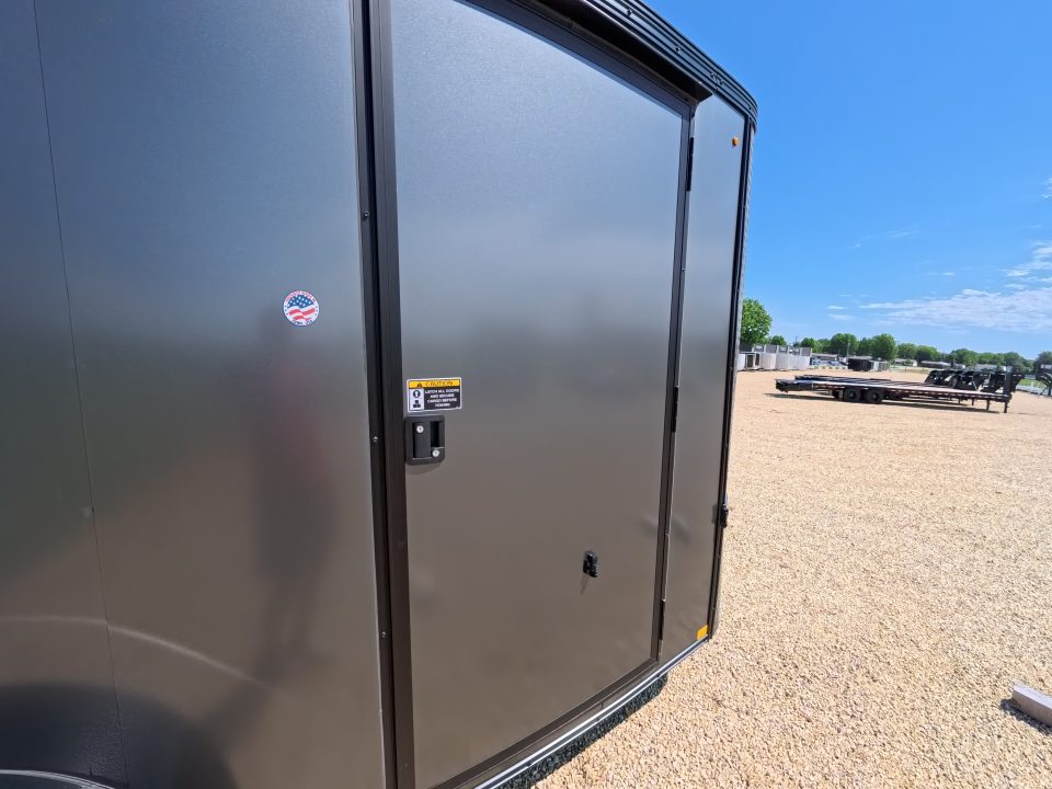 New 2026 H&H Trailers 7x14 Flat Top V-Nose Enclosed, 6'6" Tall, Aluminum Rims, Barn Doors, Charcoal Composite with Black out Trim, Rear Spoiler with 2 Lights