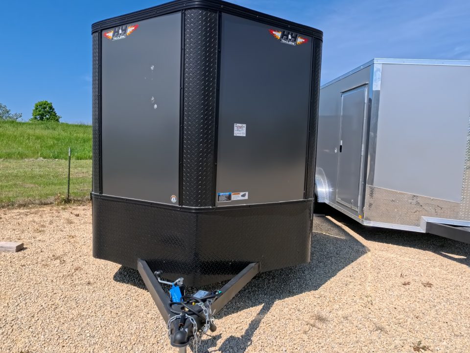 New 2026 H&H Trailers 7x14 Flat Top V-Nose Enclosed, 6'6" Tall, Aluminum Rims, Barn Doors, Charcoal Composite with Black out Trim, Rear Spoiler with 2 Lights