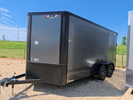 New 2026 H&H Trailers 7x14 Flat Top V-Nose Enclosed, 6'6" Tall, Aluminum Rims, Barn Doors, Charcoal Composite with Black out Trim, Rear Spoiler with 2 Lights
