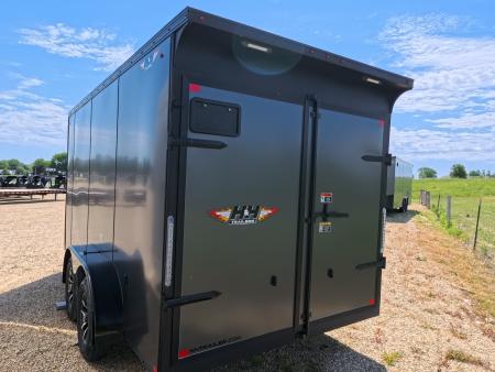 New 2026 H&H Trailers 7x14 Flat Top V-Nose Enclosed, 6'6" Tall, Aluminum Rims, Barn Doors, Charcoal Composite with Black out Trim, Rear Spoiler with 2 Lights