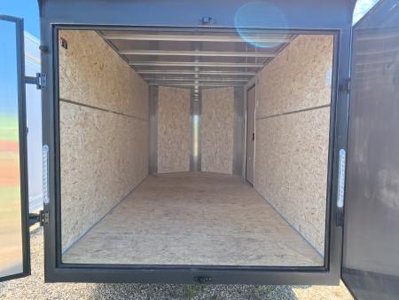 New 2026 H&H Trailers 7x14 Flat Top V-Nose Enclosed, 6'6" Tall, Aluminum Rims, Barn Doors, Charcoal Composite with Black out Trim, Rear Spoiler with 2 Lights