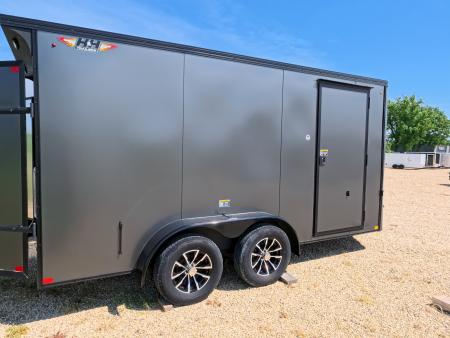 New 2026 H&H Trailers 7x14 Flat Top V-Nose Enclosed, 6'6" Tall, Aluminum Rims, Barn Doors, Charcoal Composite with Black out Trim, Rear Spoiler with 2 Lights