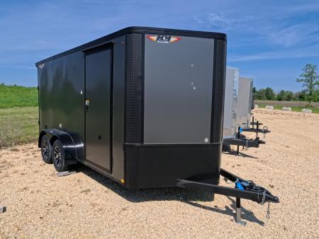 New 2026 H&H Trailers 7x14 Flat Top V-Nose Enclosed, 6'6" Tall, Aluminum Rims, Barn Doors, Charcoal Composite with Black out Trim, Rear Spoiler with 2 Lights