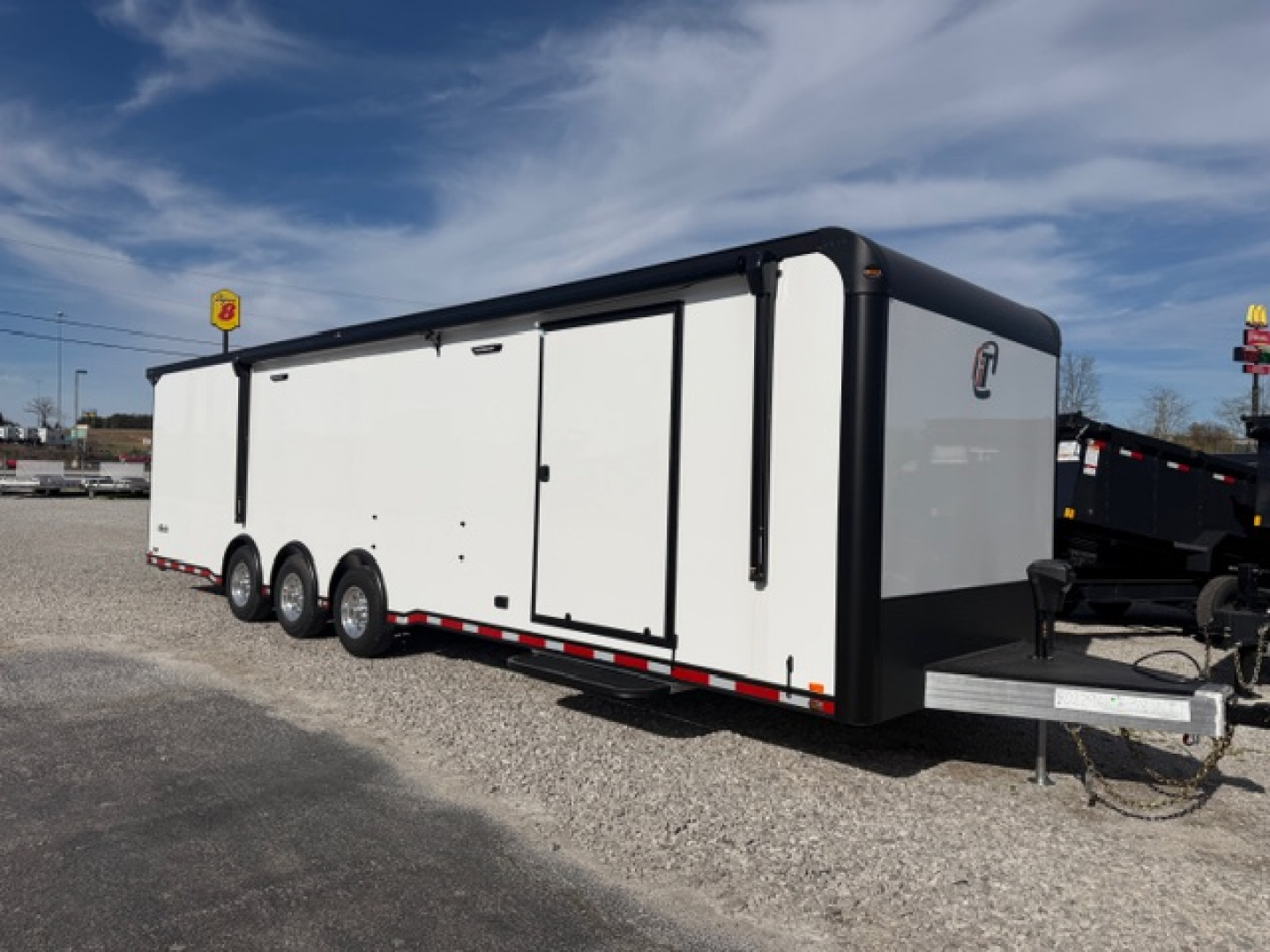 New In-Tech Lite 8.5x32 Race Trailer-18K - White W/ Black Trim RS Cabinet, Winch & WW Cabinet