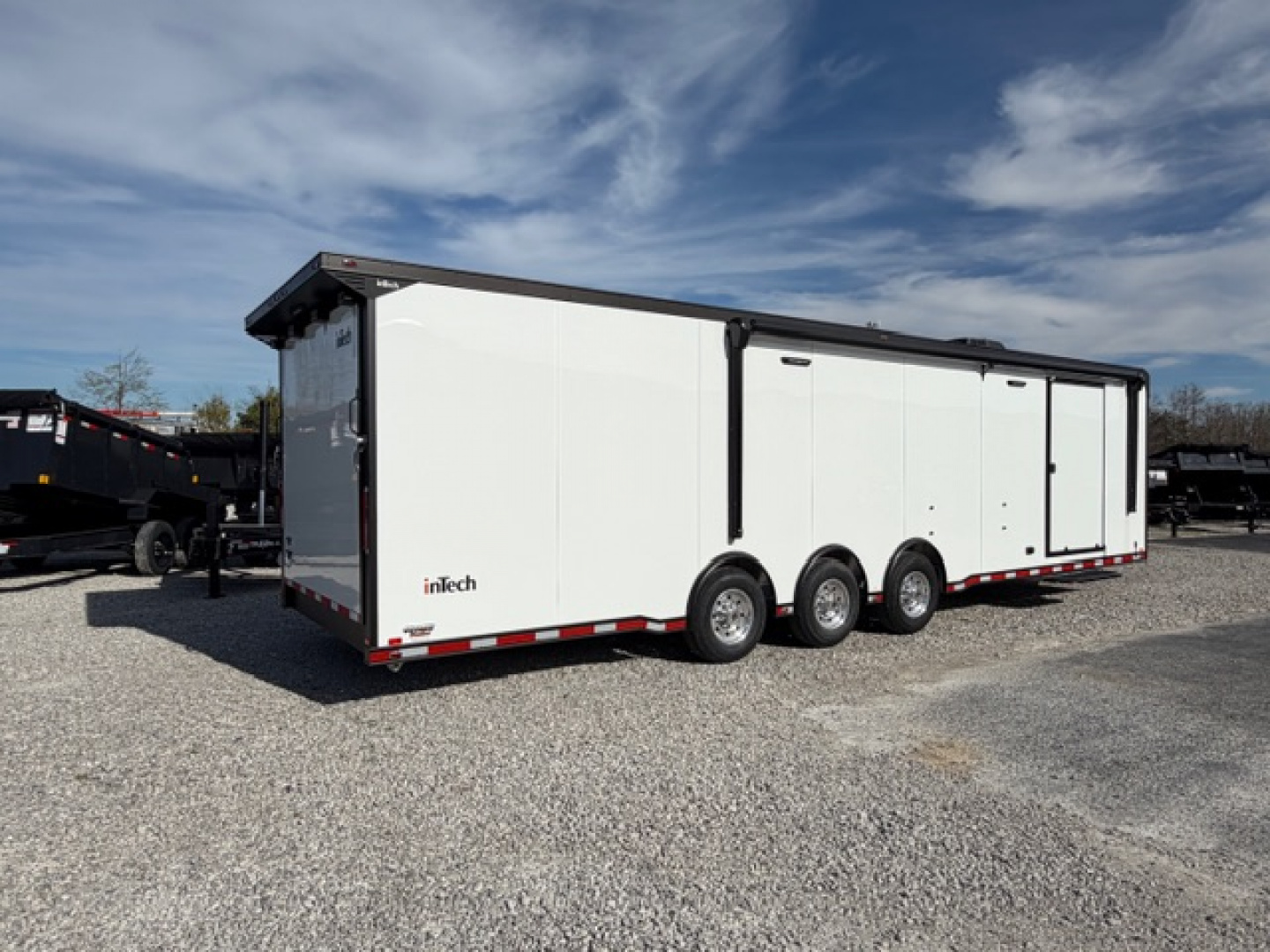 New In-Tech Lite 8.5x32 Race Trailer-18K - White W/ Black Trim RS Cabinet, Winch & WW Cabinet