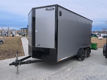 New 2026 Formula Trailers 7 x 14 x 7 Traverse Flat Top V-Nose Cargo / Enclosed with 7K GVWR, Rear Flare w/ LED Loading Light - Composite Silver w/Black Trim