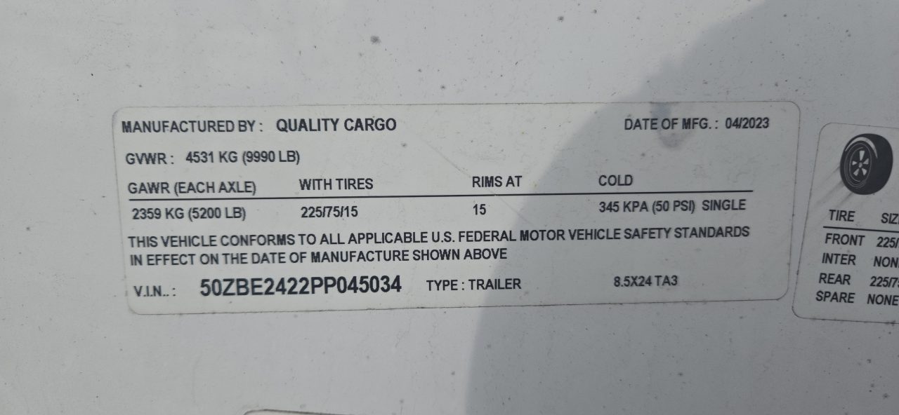 Used REPO 2023 Quality Cargo 8.5X24TA3 Cargo / Enclosed Trailer