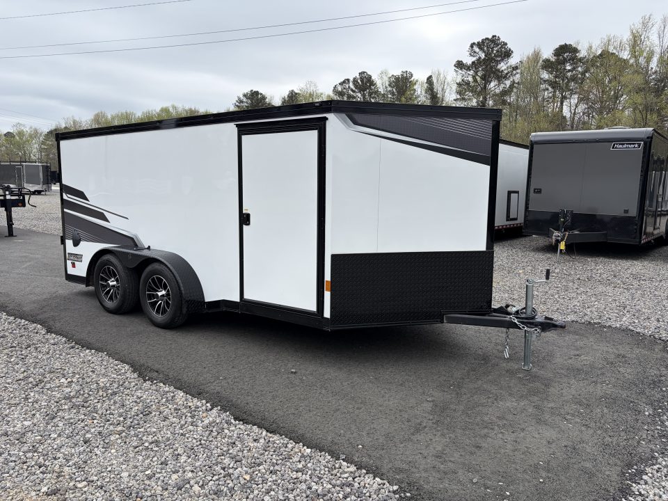 Used 2025 Haulmark 7x14 Low Hauler Motorcycle Trailer, Finished Interior With CONDOR Wheel Choks